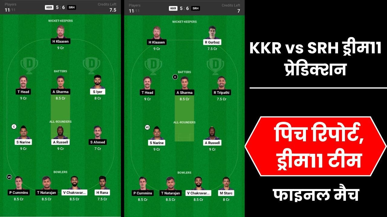 KKR vs SRH ड्रीम11 प्रेडिक्शन, फाइनल मैच, प्लेयिंग11, फैंटेसी क्रिकेट टिप्स, और पिच रिपोर्ट, ड्रीम11 टीम